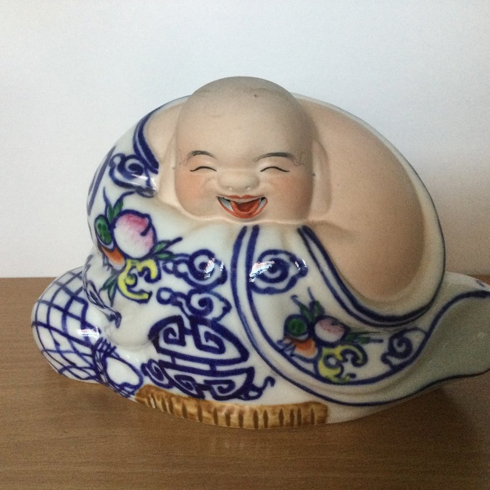 Vintage Chinese Jingdezhen Happy laughing Buddha blue figurine statue 景德镇雕塑瓷厂